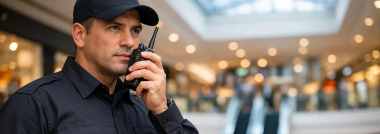 Guardia de seguridad supervisando tienda retail para prevenir pérdidas.