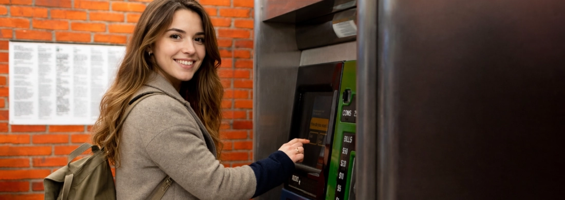 Usuario utilizando cajero automático en correcto funcionamiento tras mantenimiento preventivo.