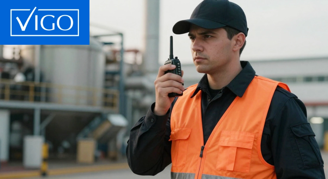 Vigilante de seguridad industrial monitoreando instalaciones y coordinando operaciones mediante radio de comunicación.